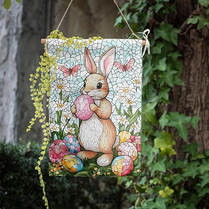 Easter Bunny Garden Flag Stained Glass Rabbit Flag Easter Egg Yard Flag for Outside 12x18 Double Sided Lily Spring Outdoor Flag Small