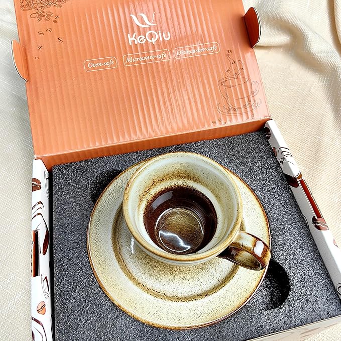 Latte Art Coffee Cup Set of 2 with Saucers - 8.5oz Ceramic Mugs for Cappuccino, Espresso & Tea - Microwave & Dishwasher Safe - Perfect Holiday Gift for Father's Day, Birthday, Housewarming