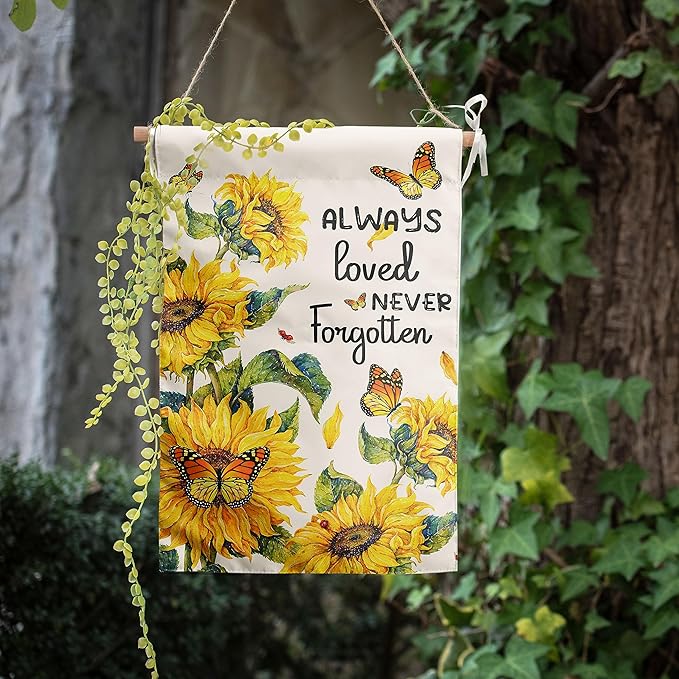 Always Loved Never Forgotten Memorial Garden Flag 12x18 Inch Double Sided Outside Sunflower Yard flag Butterfly Grave Flags for Cemetery Decorations