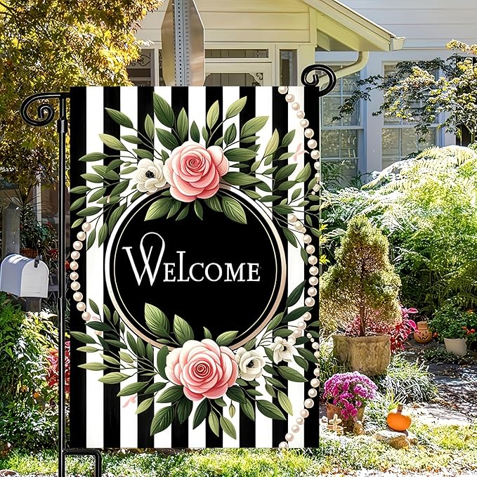 HOMETITUTE Welcome Garden Flag Spring Floral Yard Banner 12x18 Inch Double Sided Outdoor Decor with Pink Roses and Black and White Stripes for Farmhouse Patio Lawn Home Decoration