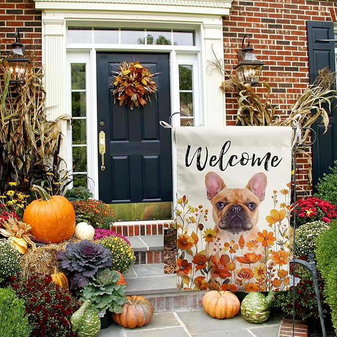 French Bulldog Fall Garden Flag Autumn Dog Yard Sign Orange Floral Thanksgiving Outdoor Banners for Outside 12x18 Double Sided Small Wild Flower Lawn Decorations
