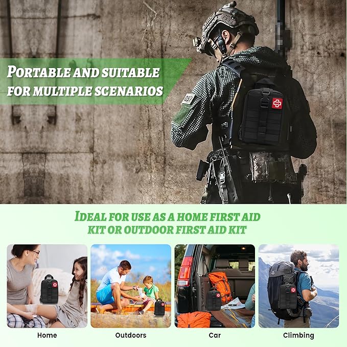 IFAK Trauma First Aid Kit, Hemostatic Gauze to Control Severe Bleeding, 6” Israel Compression Bandages, Emergency Wound Closures Adhesive Bandages, Deep Green (Black)