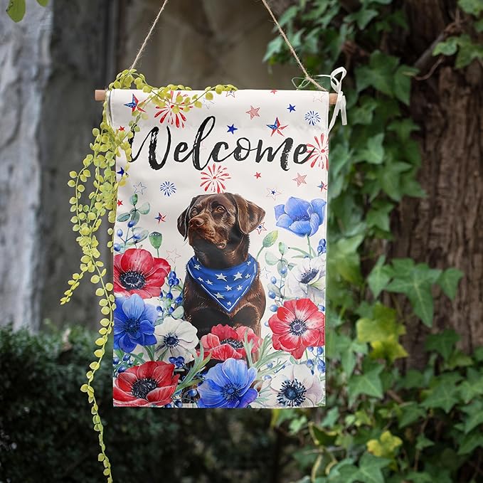 4th of July Chocolate Lab Garden Flag Red White Blue Floral Labrador Dog Yard Flags Small Memorial Independence Day Banner 12x18 Double Sided for Outside Outdoor Patriotic Decor