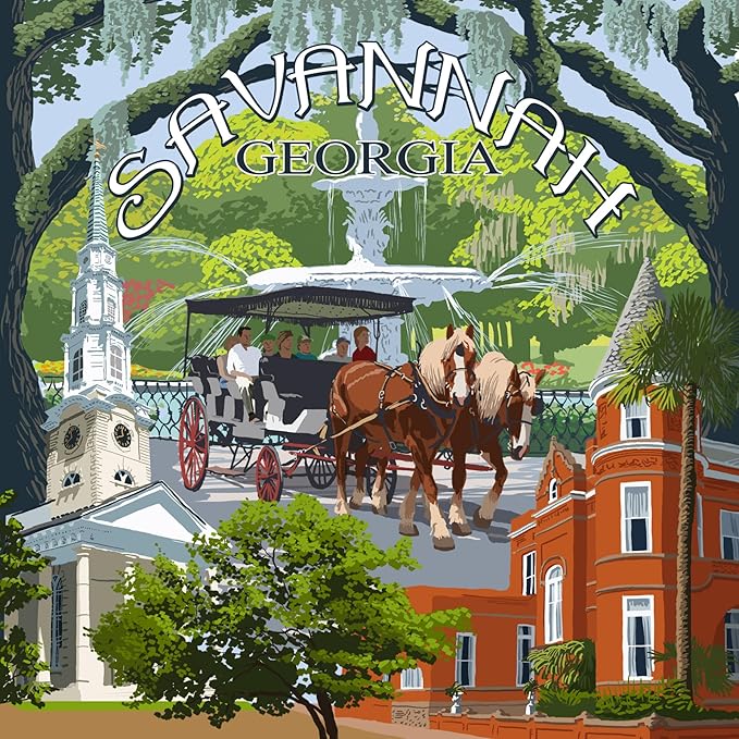 Lantern Press Savannah, Georgia, Town Views (Absorbent Ceramic Coasters Set of 4 Matching Images, Cork Back, Kitchen Table Decor)