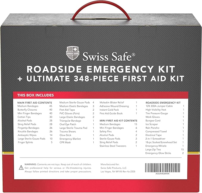 Swiss Safe 2-in-1 Car Emergency Kit | 12-FT Heavy-Duty Jumper Cables & 378-Piece Comprehensive Car First Aid Kit | Compact Roadside Auto Essentials for Vehicle Safety