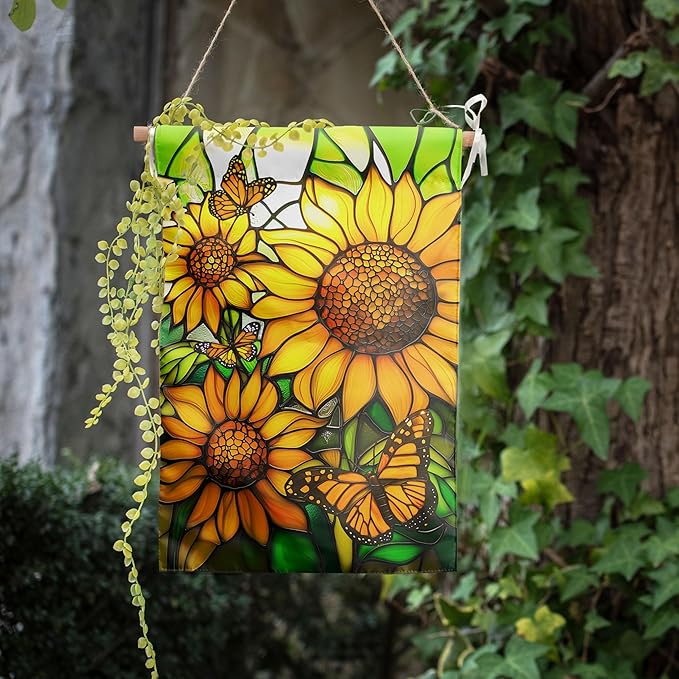 Stained Glass Sunflower Garden Flags Spring Summer Flags for Outside 12x18 Double Sided Small Floral Monarch Butterfly Yard Flag for Outdoor Lawn Poch Decor