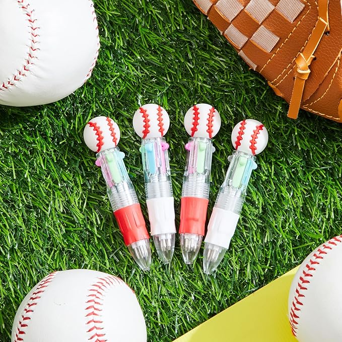 Kosiz 24 Pack Baseball Party Favors Sport Pen Multicolor 4 in 1 0.5mm Ballpoint Pen for Office Sport Lover Novelty Valentine's Day Gifts Goodie Bags Stuffers