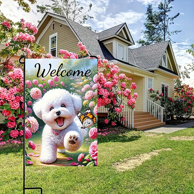 BlissYard Welcome Garden Flag Spring Summer Dog Garden Flag 12x18 Inch Double Sided Cute Bichon Frise Puppy Floral Butterfly Outdoor Yard Lawn Porch Decor Banner