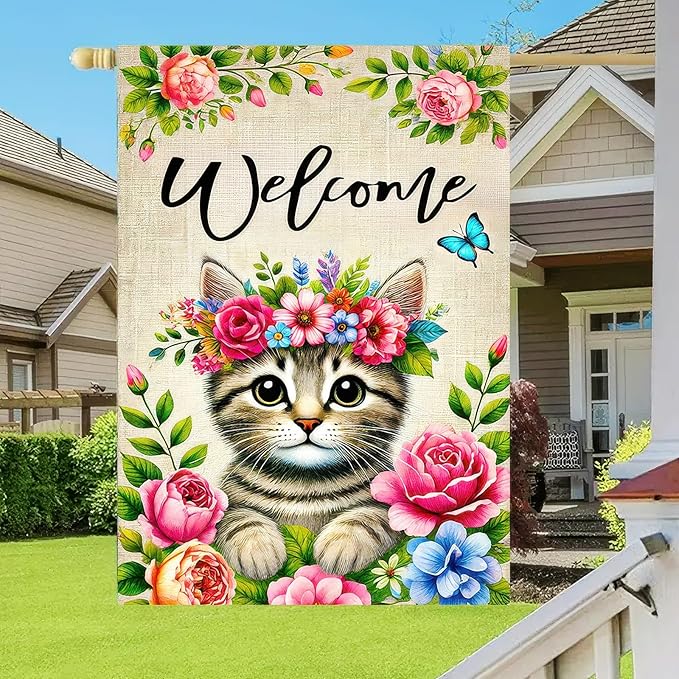 Spring Summer Garden Flag 12x18 Double Sided Floral Crown Cat Garden Flag for Outside Small Burlap Welcome Yard Flag Farmhouse Outdoor Decorative Flag