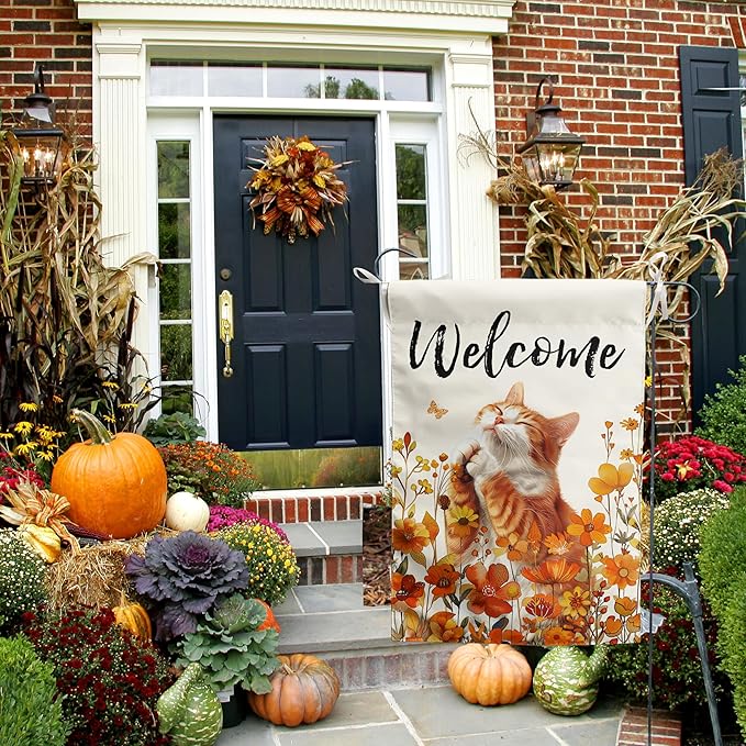 DZGlobal Floral Cat Garden Flag Fall Yard Flag Wildflower Orange Cat Garden Flags for Outside Autumn Lawn Flags Welcome Thanksgiving Outdoor Flags 12x18 Double Sided Small