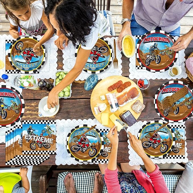 Qyeahkj 200 Pcs Dirt Bike Party Decorations Motorcycle Birthday Party Supplies Dirt Bike Theme Party Paper Plates Set Motocross Party Plates and Napkins Motor Theme Party Tableware for Boys Serves 50