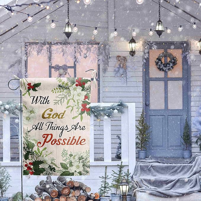 Christian Garden Flag Religious with God All Things are Possible Winter Garden Flags for Outside 12x18 Double Sided Poinsettia Christmas Decorations