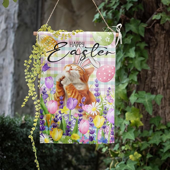 Happy Easter Cat Garden Flag Orange Cat Spring Flags Buffalo Plaid Bunny Eggs Yard Flag for Outside 12x18 Double Sided Small Decorative Floral Outdoor Flag