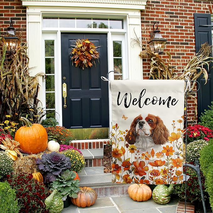 Cavalier King Charles Spaniel Fall Garden Flag Autumn Dog Yard Sign Orange Floral Thanksgiving Outdoor Banners for Outside 12x18 Double Sided Small