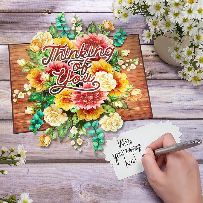 Floral Thinking Of You Pop Up Card, Rustic Flowers, 3D Cards, Gifts for Birthday, Anniversary, Valentines Day, Mom, Wife, Her, 5x7 - Includes Envelope And Message Note