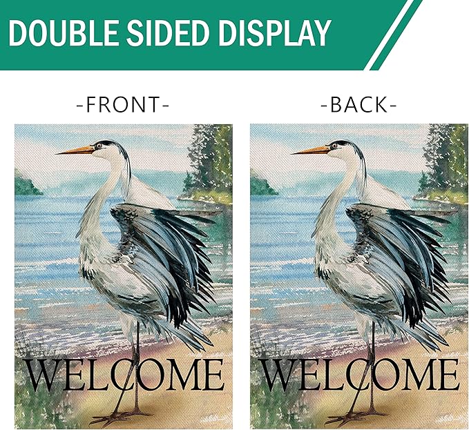 Furiaz Welcome Spring Summer Seabird Coastal Beach Large Decorative House Flag, Blue Heron Yard Bird Sea Lake Ocean Home Outside Decoration, Nautical Tropical Outdoor Decor Double Sided 28x40