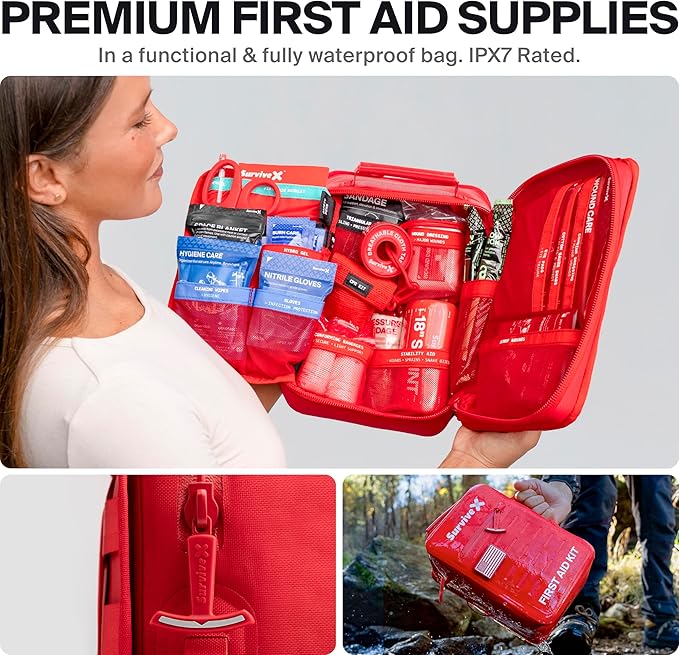 Large Waterproof First Aid Kit for Car, Travel & Home - Emergency Kit for Hiking, Camping, Backpacking and Outdoors - Includes Zip Stitch Wound Closure Strips