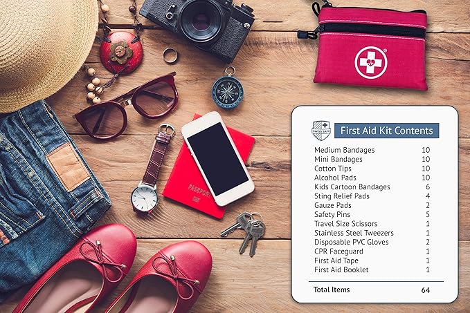 Swiss Safe 2-in-1 First Aid Kit for Car, Travel & Home, Businesses - Bonus Mini Kit for Medical Emergency Aid, Survival, Camping - 64 Piece, Travel FAK