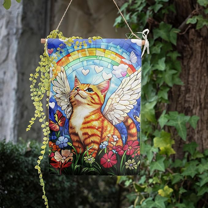 Stained Glass Orange Cat Garden Flag 12x18 Double Sided - Rainbow Bridge Memorial Gift for Loss of Pet - Bereavement Sympathy for Cat Lovers - Seasonal Small Outdoor Flag