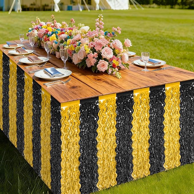 2 Pack New Years Desk Skirt, Black Gold Grass Skirt for Table, New Years Metallic Wavy Tinsel Foil Fringe Table Skirts, Table Curtain Skirts for Graduations Wedding Birthday Indoor Party Decorations