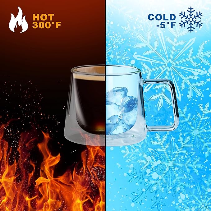 LEMONSODA Double Walled Glass Coffee Drink Mug with Handle - Set of 2 (250 mL / 8.5 fl. oz) Insulated Thermal Mugs Glasses For Tea, Coffee, Latte, Cappucino, Cafe, Milk - Housewarming Gifts
