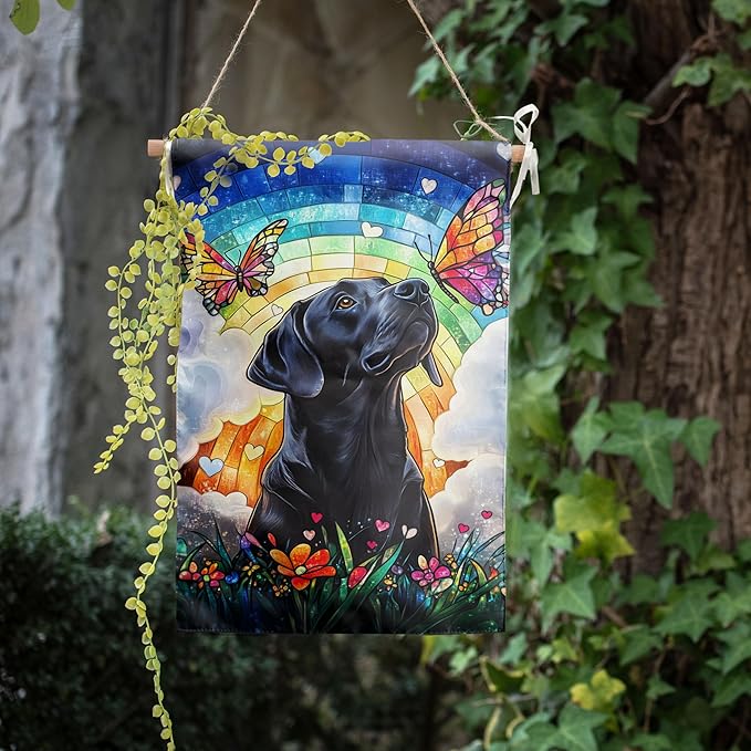 Stained Glass Black Lab Garden Flag for Outside 12x18 Double Sided Small Rainbow Bridge Labrador Dog Memorial Yard Banners Bereavement Pet Sympathy Gift