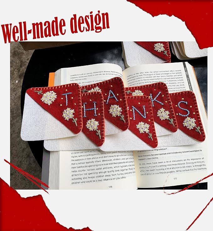 Personalized Hand Embroidered Corner Bookmark, Cute Flower Book Mark, Hand Stitch Gift for Women Book Lovers by HNQCPCVU (K, RED)