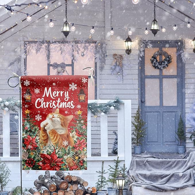 Christmas Cat Garden Flag Merry Christmas Orange Cat Yard Flag for Outside Xmas Flags 12x18 Double Sided Red Poinsettia Garden Flags Winter Porch Outdoor Decor