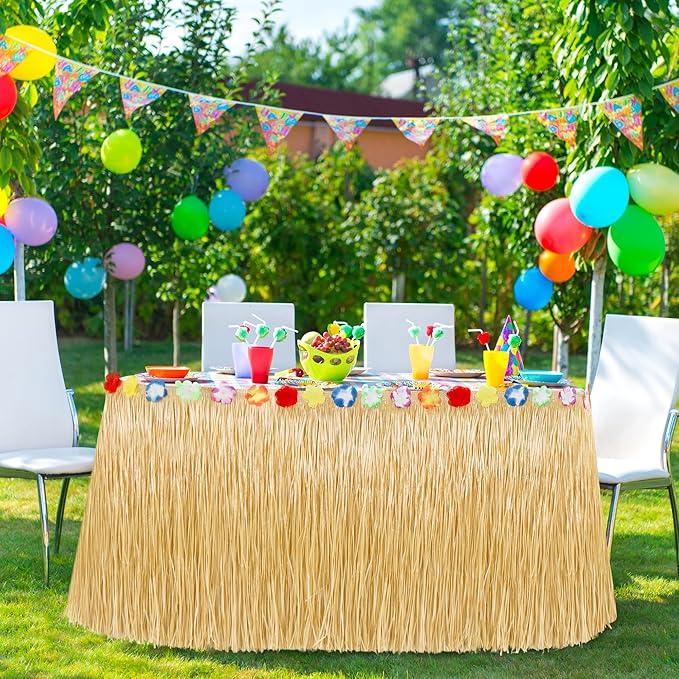 Luau Party Decorations, 2PCS Gold Hawaiian Themed Table Skirt Party Decorations, Flower 108 X 29.5" Grass Skirts Luau Party Favors, Luau Table Skirt for Summer Tropical Hula Parties Decor Accessories