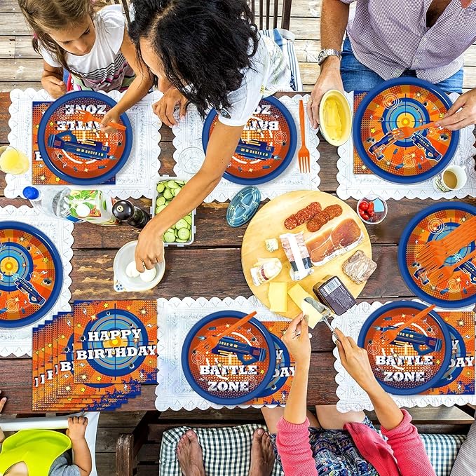 Qyeahkj 200 Pcs Dart War Birthday Party Supplies Gun Game Theme Party Tableware Set Paper Plates and Napkins Dart Battle Gunfight Game Party Decorations Gun Happy Party Favors for Boys Serves 50