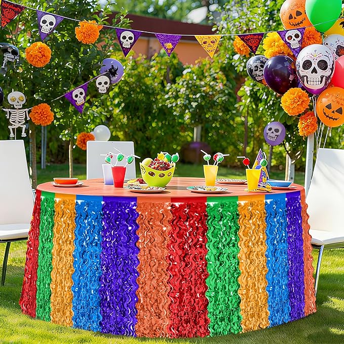 Cinco De Mayo Table Decorations, 2 Pack Fiesta Desk Skirts Supplies, Mexican Theme Metallic Wavy Tinsel Foil Fringe Table Skirts, Rainbow Skirts for Dia De Los Muertos Day Mexico Day of The Dead Decor