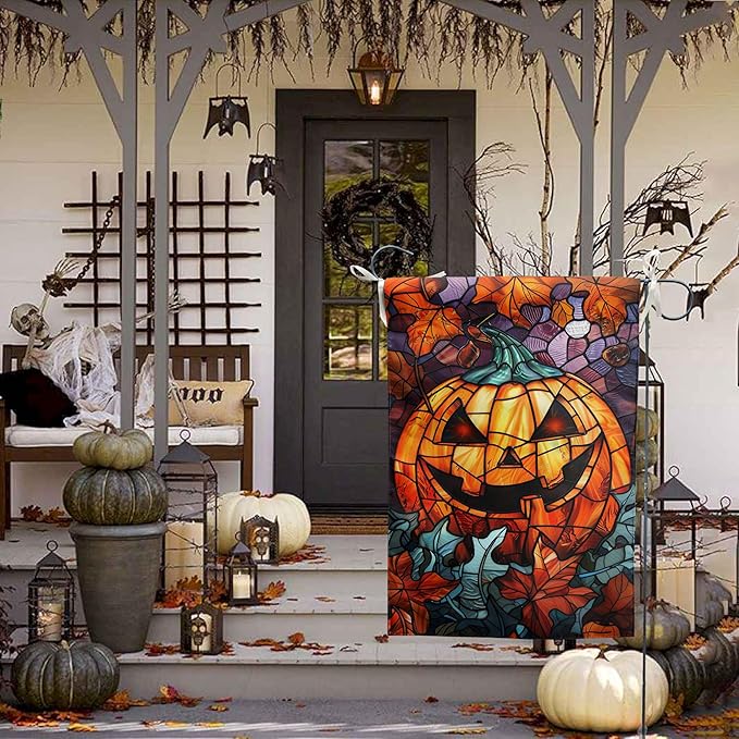 Scary Pumpkin Garden Flag Spooky Halloween Yard Flags for Outside 12x18 Double Sided Small Fall Outdoor Flag Stained Glass Autumn Flags for Porch Lawn Farmhouse Thanksgiving Decor
