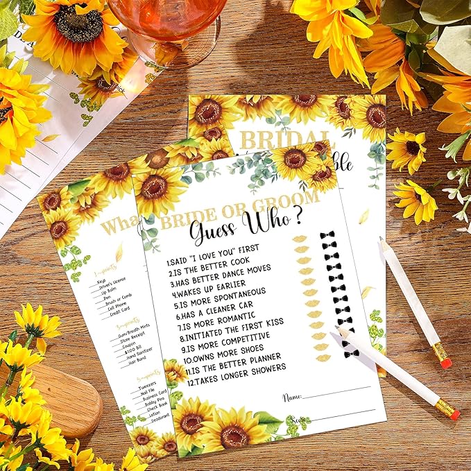 Teling 145 Pieces Bridal Shower Game Bridal Shower Favors Set Wedding Games Cards and Pencils for Bride Groom Bachelorette Party Wedding Party Favor(Sunflower Style)