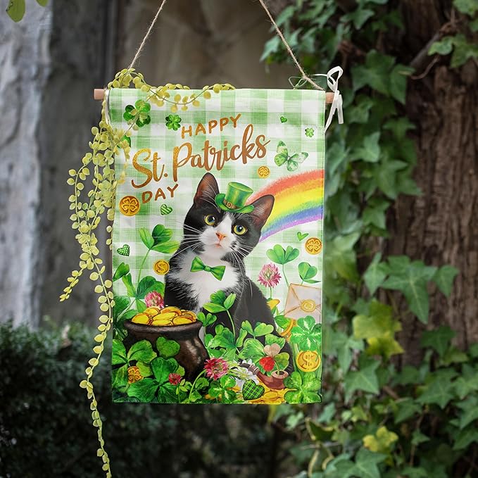 Tuxedo Cat St Patricks Day Garden Flag Cat St Patrick's Day Yard Flags for Outside 12x18 Double Sided Buffalo Plaid Shamrock Flag Small Outdoor Rainbow St Patrick's Decor