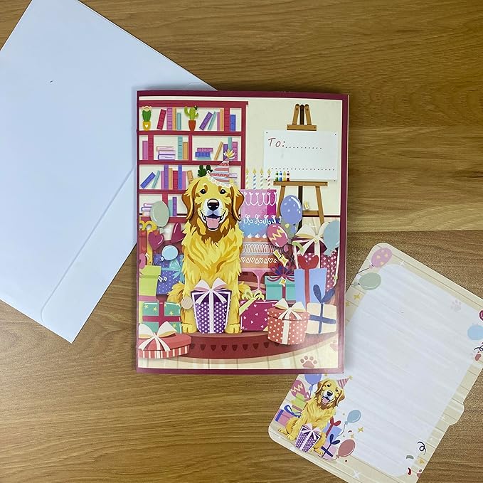 Golden Retriever 3D Pop Up Birthday Card β Cute Dog Card with Envelope, Puppy Gift for Dog Lovers, Women β Funny Pet Lover Birthday Greeting Card