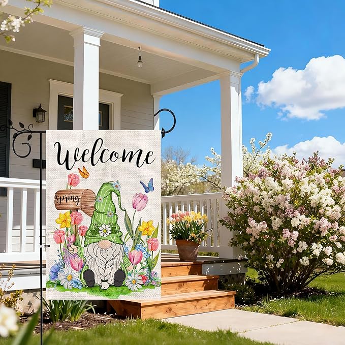 Spring Garden Flag 12x18 Inch Double Sided Outside, Spring Summer Seasonal Gnomes Yard Outdoor Flag, Welcome Garden Flags for Outside Yard Porch Decoration