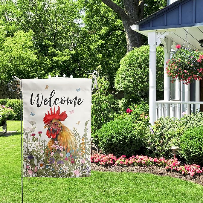 Spring Summer Garden Flag Farmhouse Chicken Garden Flags for Outside Floral Rooster Yard Flag 12x18 Double Sided Small Outdoor Welcome Flags Farm Chicken Coop Decor