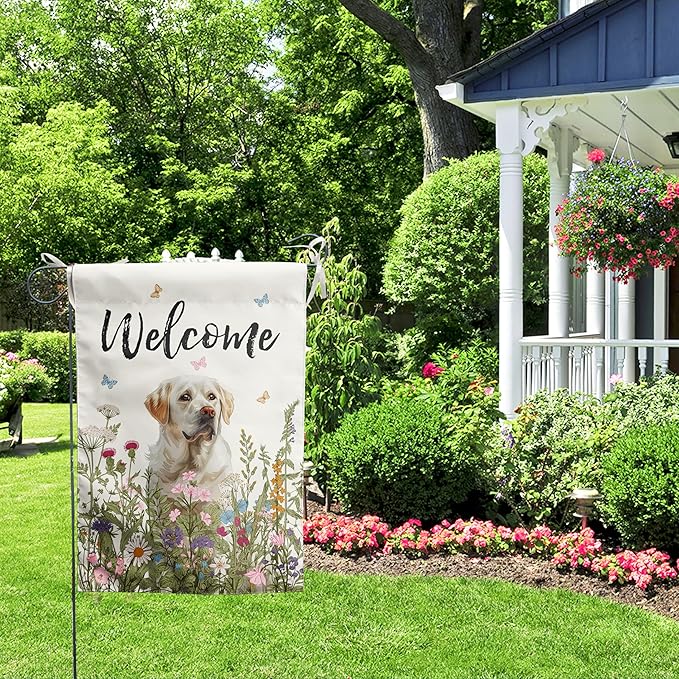 Floral White Lab Garden Flag Spring Summer Yard Flag Flower Dog Labrador Garden Flags for Outside Small Outdoor Welcome Flags 12x18 Double Sided