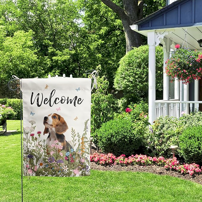 Spring Summer Garden Flag Floral Beagle Yard Flag Flower Dog Garden Flags for Outside Small Outdoor Welcome Flags 12x18 Double Sided