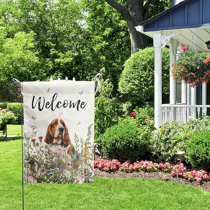 Spring Summer Garden Flag Floral Basset Hound Yard Flag Flower Dog Garden Flags for Outside Small Outdoor Welcome Flags 12x18 Double Sided