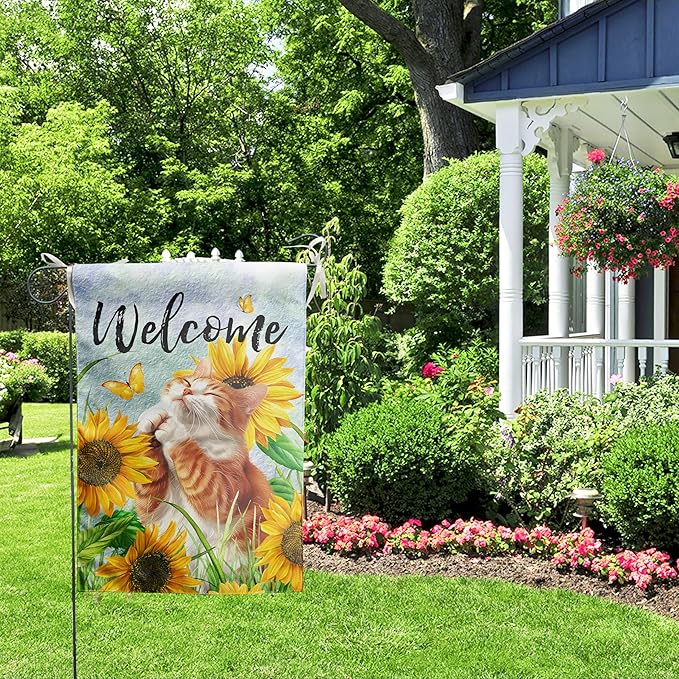 Sunflower Orange Cat Garden Flag Summer Spring Garden Flags for Outside Floral Cat Yard Flag Small Outdoor Welcome Flags 12x18 Double Sided