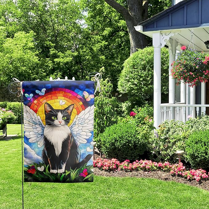Stained Glass Tuxedo Cat Garden Flag 12x18 Double Sided - Rainbow Bridge Memorial Gift for Loss of Pet - Bereavement Sympathy Gift for Cat Lovers - Seasonal Small Flags for Outside
