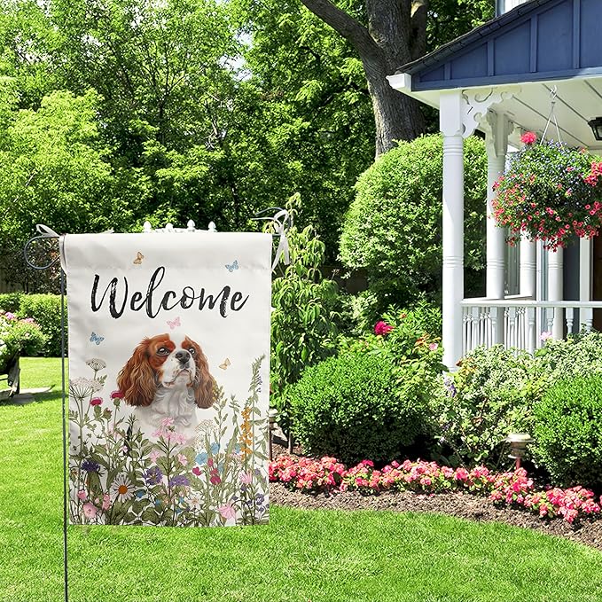 Spring Summer Garden Flag Floral Cavalier King Charles Spaniel Yard Flag Flower Dog Garden Flags for Outside Small Outdoor Welcome Flags 12x18 Double Sided