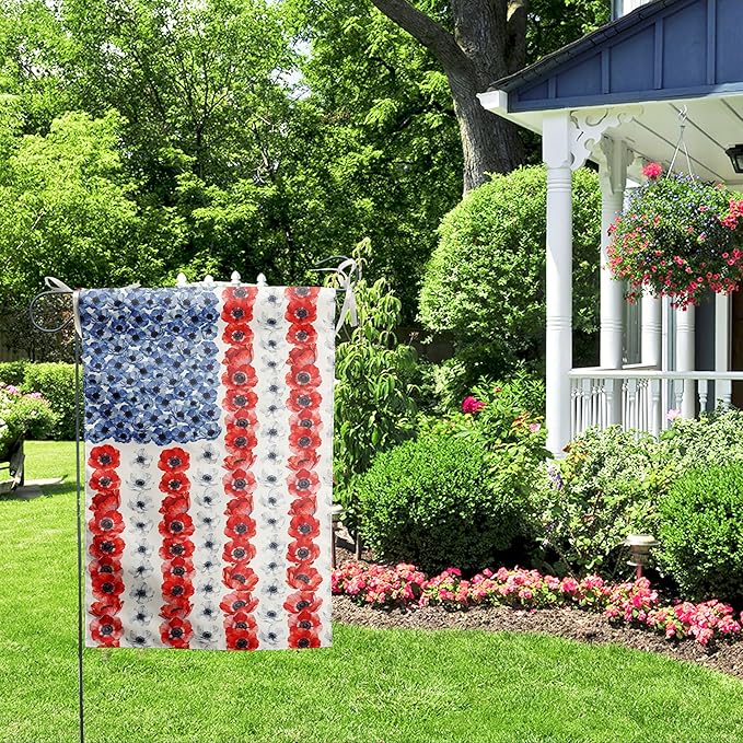 Patriotic Flower American Garden Flag Spring Summer Yard Decor 4th of July Memorial Independence Day Decorations Red White Blue Poppy Banner for Outside 12x18 Double Sided