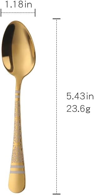 Gold Unique Pattern Design Coffee Espresso Spoons Mini, Mingcheng Stainless Steel Small Teaspoons Silverware Set of 12, BISDARUN 5.5 Inches Food Spoons for Demitasse Dessert Tea