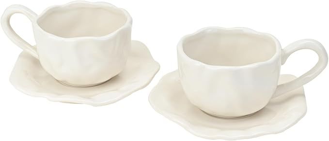 Ceramic Espresso Cups with Saucers 6 oz,Coffe Cups for Cappuccino,Latte,Tea with Saucers Set of 2 - Folds - White