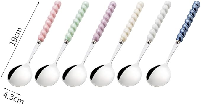 (6 Pieces) 7.48 Inch Exquisite Ceramic Spoon Household Stainless Steel Eating and Drinking Soup Spoon Coffee Spoon Tea Spoon (Mixed)
