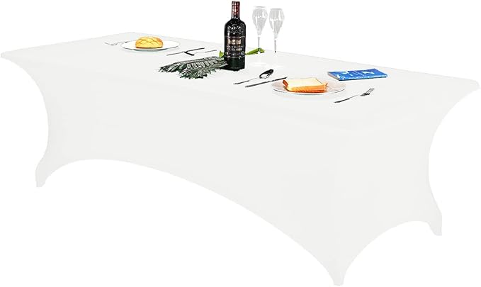 FORLIFE Spandex Table Cover - Fitted 8ft Rectangular Tablecloth, Stretch Patio Cover, Universal for Wedding, Banquet, Party (White)
