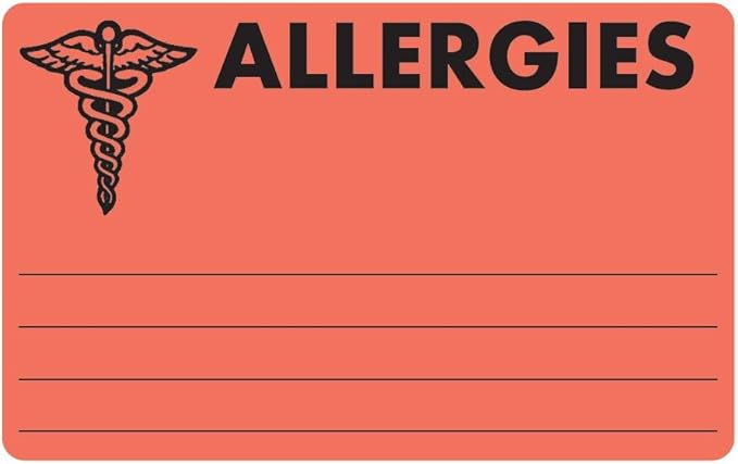Allergies Chart Label 4” x 2-1/2” Fluorescent Red Doctor Stuff Permanent Adhesive Alert Sticker with Caduceus Icon 100 Labels/Box