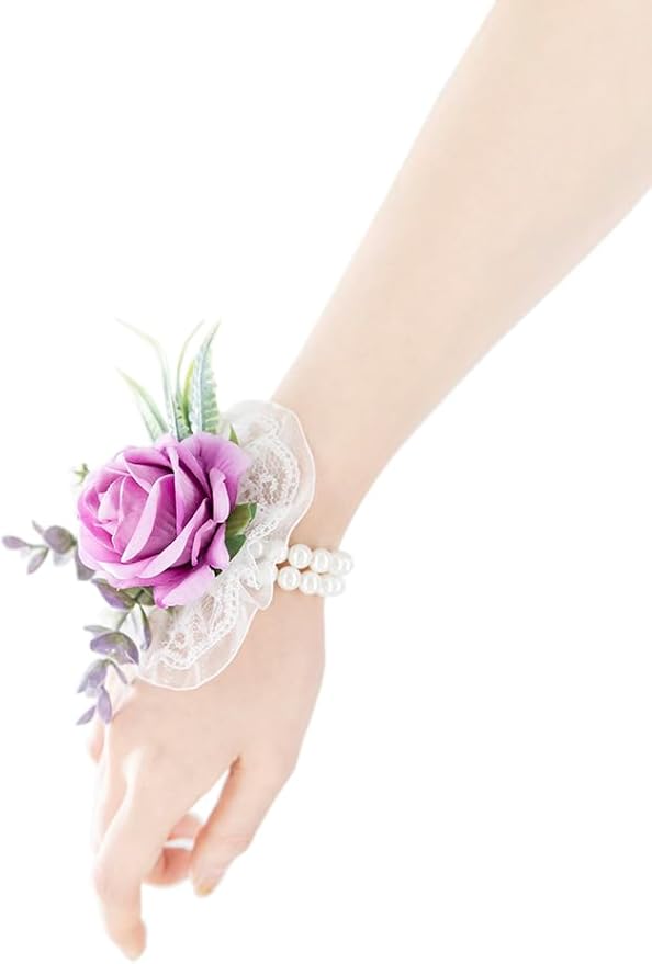 Ansofi Purple Corsage and Boutonniere Set Artificial Rose Flower Wrist Corsage and Boutineers for Groom Groomsmen Bride Bridesmaids Prom Rustic Vintage Wedding Decor